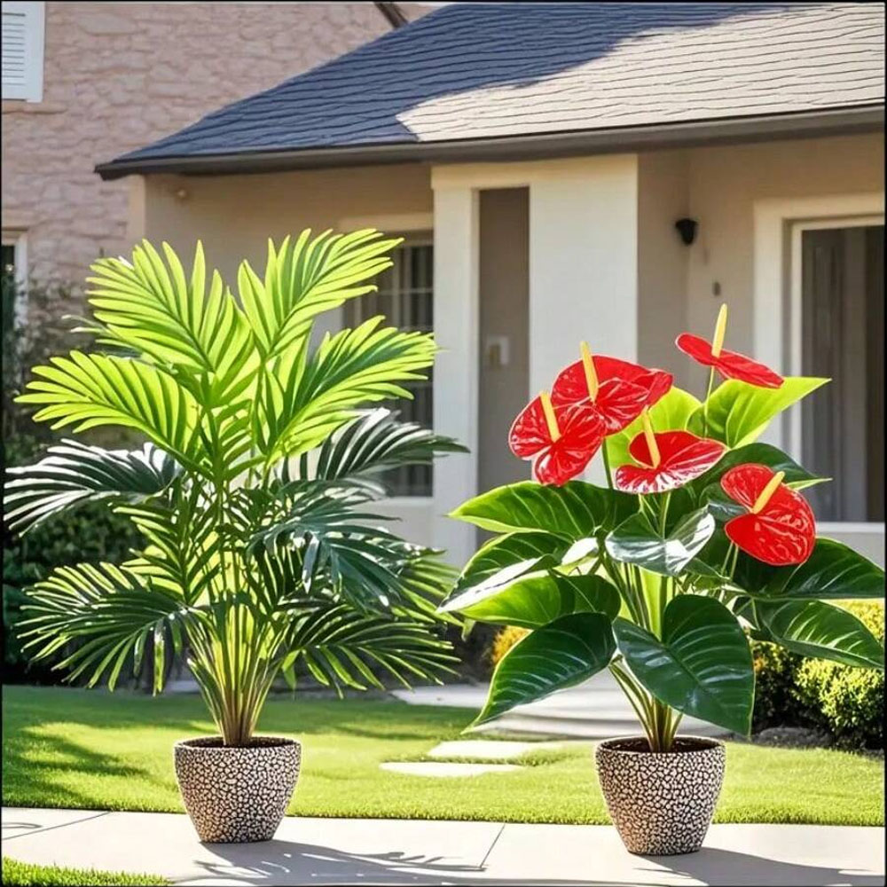 Fiddle Leaf Fig - 2sets Grote Kunstmatige Palmplanten en Anthurium